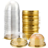 patelai caja transparente para mini magdalenas con tapa dorada, ideal para exhibir postres.