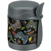 Pawtong 10 oz termo de sopa negro con diseño gamepad, ideal para meriendas escolares.