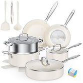 PekGema juego ollas y sartenes cerámica crema blanca para cocinar más seguro.