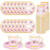Peony Man tazas de té de papel con borde dorado y flores rosas, ideales para reuniones