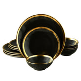 Pokini platos negro lujo con borde dorado, 10 pulgadas, presentación elegante para mesas formales