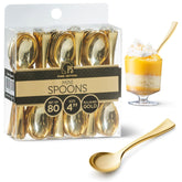 Posh Setting cucharas mini doradas para postre, ideales para porciones pequeñas en fiestas elegantes.