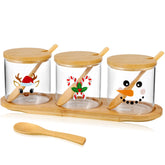 Potchen jarras de vidrio con tapas de bambú y cucharas, ideales para bar navideño.