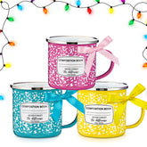 Potchen taza esmaltada 12oz rosa con diseño libro de composición, ideal para docentes.