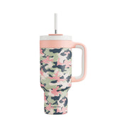 Powcan Taza térmica 40oz rosa moteada con manija, diseño atractivo y práctico.