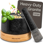 Praknu mortero-pilon granitos grande para triturar especias con textura tradicional.