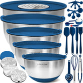 Conjunto Priority Chef de tazones de acero inoxidable con tapas para almacenamiento seguro.