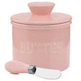 Priority Chef mantequera de cerámica rosa con tapa y línea de agua para frescura