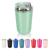 Puraville vaso termico de 14 oz verde con tapa voltea, mantiene bebidas a temperatura ideal.