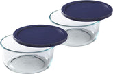 Pyrex Recipiente de vidrio redondo de 7 tazas con tapa azul, ideal para porciones.