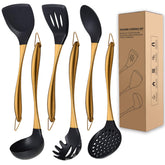 QRU pala con ranuras para voltear y drenar alimentos, utensilio de cocina de color dorado.