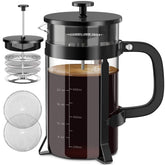Prensa francesa QUQIYSO con filtro de acero y vidrio, ideal para café suave y aromático.