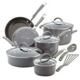 Rachael Ray Cucina, juego de ollas y sartenes de 12 piezas en gris sal marina, ideal para cocción.