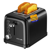 RAMJOY tostador negro de acero inoxidable visto frontal, ideal para desayunos rápidos.