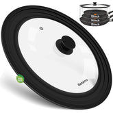 Reteno tapa universal 13-15in, vista frontal, compatible con varias cacerolas.