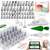 Set de boquillas RFAQK de 74 piezas para decorar pasteles con precisión.