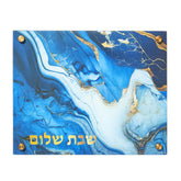 Rite Lite tabla challah vidrio con diseño marmol azul, ideal como centro de mesa para Shabat.