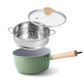 ROCKURWOK sartén 3 qt con mango de madera verde, ergonomía y agarre cómodo.