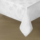 Mantel Romanstile jacquard rectangular en blanco, ideal para cenas elegantes.