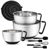 Conjunto Rorence de 3 cuencos de acero inoxidable con tapas y mangos para mezclar.