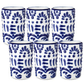 Roshtia vasos tequila 6 piezas en azul con decoración blanca, ideal para reuniones.