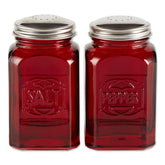 RSVP International salero-pimentero retro de vidrio rojo con tapa de acero inoxidable para mesa.
