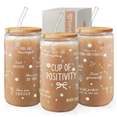 SandJest Inspiration: vaso de vidrio 16oz con tapa y pajilla, ideal para café frío.