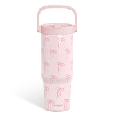 Vaso sandjest rosa con lazo y pajilla, aislamiento duradero para bebidas frías o calientes.