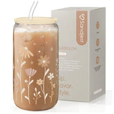Vaso Sandjest de vidrio floral con tapa y pajilla para bebidas frías