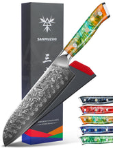 SANMUZUO Santoku de 7 pulgadas, hoja damasco VG10, cortes precisos y estables.