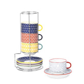 Selamica tazas cappuccino de cerámica con platillos y soporte metálico para exhibir en cocina.