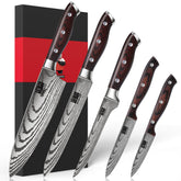 Cuchillos SHAN ZU japoneses de 5 piezas vistos frontalmente, filo preciso para cocinar.