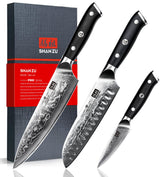 Cuchillos SHAN ZU Damascus 3 piezas frente, cortes precisos y elegantes.