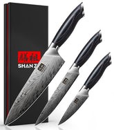 Conjunto SHAN ZU: cuchillos de cocina trio con mango de pakkawood para manejo cómodo.