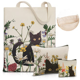 Shinylin bolsa tote de lienzo con gato negro y flores para compras reutilizables.