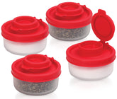 El set SIGNORA WARE de sal y pimienta mini es transparente con tapas rojas, ideal para llevar.