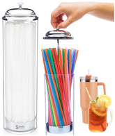 SimplyImagine dispensador de pajillas alto en acrílico con tapa y base metálica para mostradores.