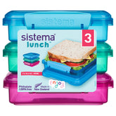 Sistema en azul: conjunto de tres contenedores para sándwiches frescos.