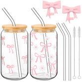 Vaso Skylety con lazo rosa de 16 onzas y tapa de bambú, ideal para bebidas sin derrames.