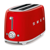 Tostadora Smeg 50s Style en rojo, frontal elegante para desayunos rápidos.