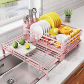 SNTD escurridor de platos extendible sobre fregadero en rosa, ahorro de espacio.