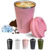 SPLMIFA taza de viaje rosa 12oz vista frontal, agarre ergonómico y tapa segura para bebidas calientes
