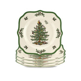 Plato Spode con árbol navideño y borde escallado, ideal para cenas festivas.