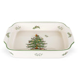 Spode Arbol Navidad plato rectangular con manijas, ideal para servir en mesa festiva.