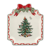 Plato canapé Spode con borde rojo y árbol navideño, ideal para postres festivos.