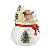 Spode cuenco dulces con tapa, diseño de árbol navideño y osito para regalos comestibles.
