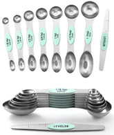 Spring Chef: frontal de juego de cucharas medidoras magnéticas en color menta, almacenamiento ordenado.