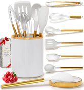 Juego STYLED SETTINGS de utensilios blancos y dorados para cocinar sin rayar sartenes