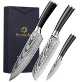 Sunnecko: conjunto de cuchillos Damascus 3 piezas para cortes precisos.