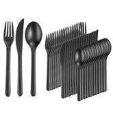 Supernal juego de cubiertos plástico negro mate, cómodo y resistente, ideal para comidas al aire libre.